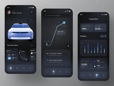 Electric Car Mobile App Design app design app ui automotive app car mobile app charging dark mode dashboard design ui electric car electric car app electric vehicle electricity ev app gps mobile app mobile app design mobile ui navigation tesla uiux