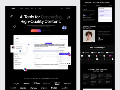 AI Copywriting Website Design - Pluto ai ai copywriter ai copywriting ai landingpage ai tools ai website design header homepage uihut web web deisgn webdesign webflow webflow designer website website design