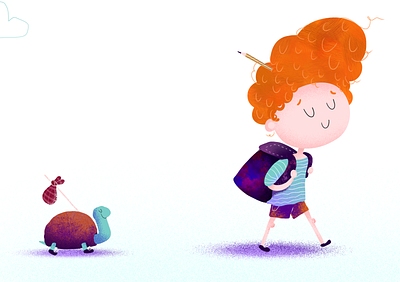 Going to School bag boy child ginger hair happy illustration kid orange pencil school schoolbag todler tortoise turtle walking