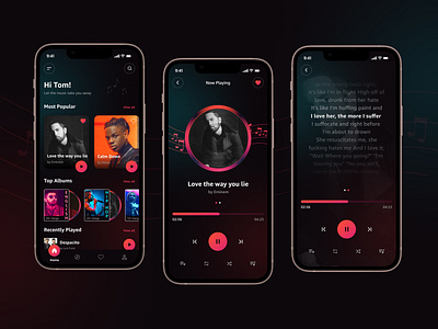 Music streaming mobile app buttons card carousel colors darkmode design home page icons illustration languages like lyrics menu mobile app music navbar play songs ui vibrant