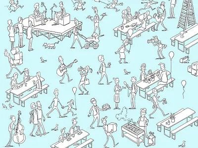 Summer Party character design crowdy hand drawn hidden object illustration ink people wimmelbild