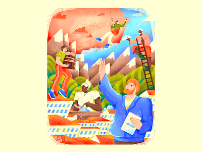 Peaceful Sky blue character city cloud conceptual construction harmony hills houses illustration man mountain peace people red sky war woman work world