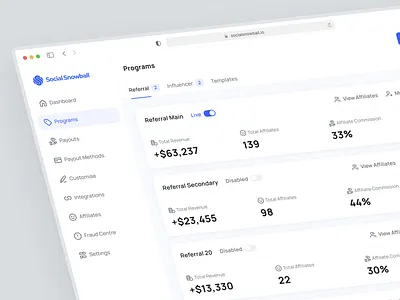 Social Snowball - Programs affiliate marketing agency dashboard product design saas social snowball solace ui ux