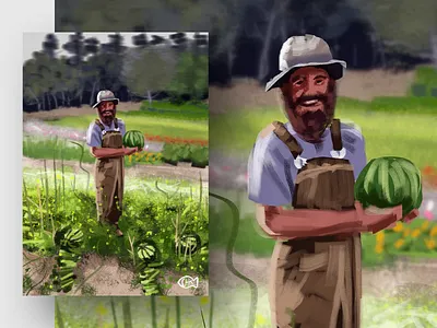 Happy Farmer beard boy bucket hat country countryside coutry roads day farm farmer field forest happy hat illustration man nature tulips watermelon