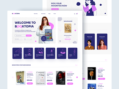 Online Book Store Website UI author blue book book shop book store bookstore business design exploration ecommerce website figma fun modern ecommerce online book shop pink playful website ui ui design ui ux website design writer