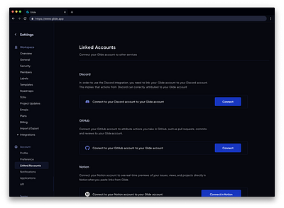 Glide" Linked accounts Page" Dark Mode SaaS Design Concept branding design figma interface design ui uiux design ux webpage