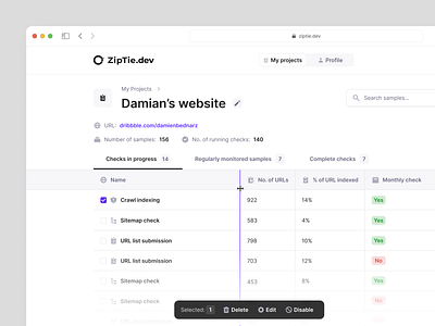 Ziptie.dev - Project List View actions breadcrumbs button code counter dashboard data hero input list management notion project search sitemap table tabs toggle ui website