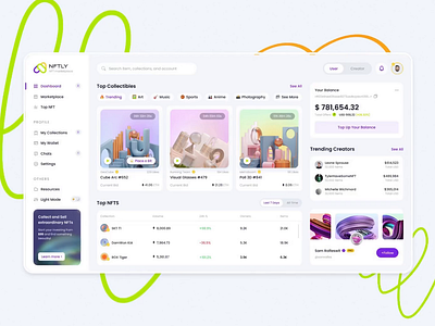 NFTly marketplace animation chart dashboard design elinext illustration interface menu nft sidebar tabs ui uiux design user interface ux web web design