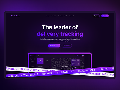Landing page for a delivery tracking app application cargo clean courier dark theme delivery app landing page logistics package parcel tracking product design ship shipping transportation ui web design