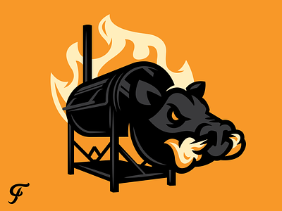 Pryor Bros. BBQ - Smoker barbeque bbq branding flames hog illustration metal pig smoker texas