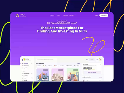 Landing page for NFT marketplace animation bright colorful demo design elinext landing landing page marketplace menu minimalistic nft platform team theme ui ux