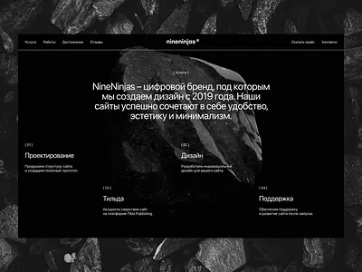 NineNinjas — Studio website concept aesthetic clean dark mode design homepage interaction interface landingpage madeontilda minimal monumental portfolio services studio website swiss style ui ux web web design webdesign