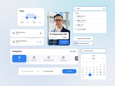Clinic Management App - UI Elements adjust booking clinic components dashboard date date picker download dropdown filter healthcare input price search select tab ui ui design ui kit uxui