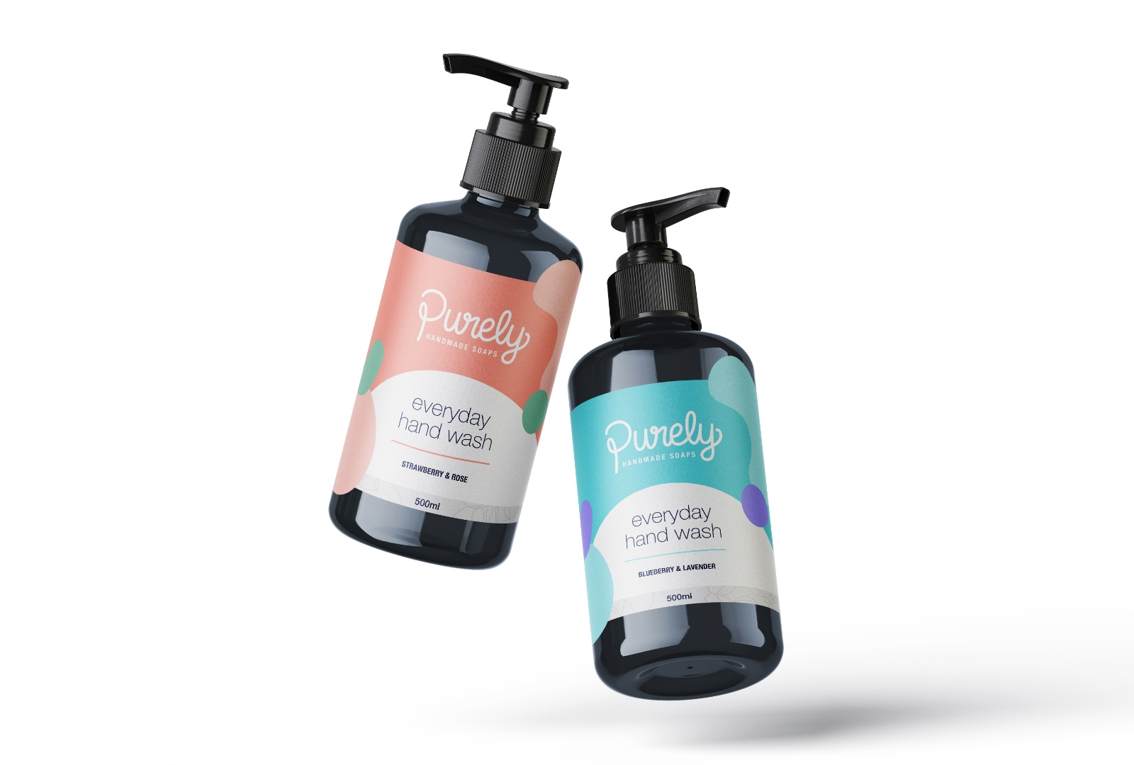 Purely Handmade Soaps abstract bottle branding bright bubbles colorful design graphic design handwritten illustration lettering logo package design packaging pastels script shape soap type typography