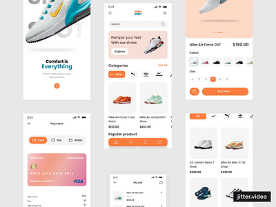 Multi brand shoe shopping app animation checkout page e commerce shoe shopping app ecommerce nike onboarding screen payment page ui ui animation
