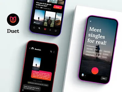 Duet - The dating app that takes you out. app camera chat concept dark dark ui full screen immersive interaction ios message messaging mobile photo product search social ui ux video