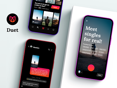Duet - The dating app that takes you out. app camera chat concept dark dark ui full screen immersive interaction ios message messaging mobile photo product search social ui ux video