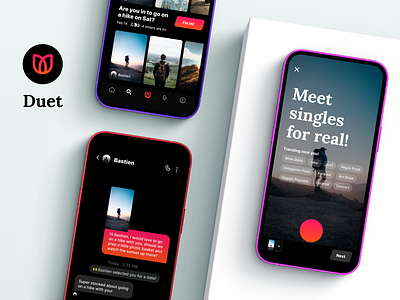 Duet - The dating app that takes you out. app camera chat concept dark dark ui full screen immersive interaction ios message messaging mobile photo product search social ui ux video