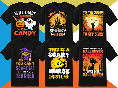 Halloween T-Shirt Designs Bundle bundle design ghoost graphic design halloween illustration logo mckup merchbyamazon pod tshirt typography vector