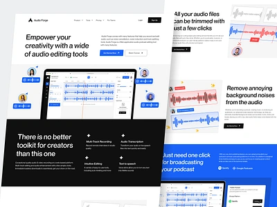 Audio Forge - Podcast Editing Hero Landing Page Website adobe adobe audition audio audio editing audio mix audio track component conversation interview landing page listening live music noise cancelation platform podcast product radio saas website concept