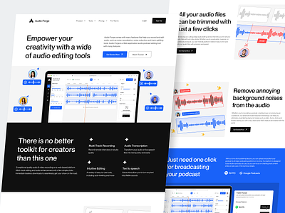 Audio Forge - Podcast Editing Hero Landing Page Website adobe adobe audition audio audio editing audio mix audio track component conversation interview landing page listening live music noise cancelation platform podcast product radio saas website concept