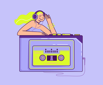 90s vibe neon girl with vintage nostalgic cassette audio player character design digital illustration figma illustration flat flat design flat illustration flatillustration illustration ui illustration vector illustration web illustration