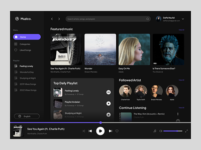 Muzico - Dashboard Music Playlist dashboard design graphic design music playlist streaming ui uiux uix ux