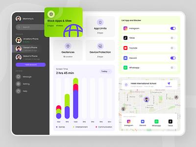 Parental Control and Family Locator Dashboard childern control detecting family homepage landingpage location locator mobile mobile app parent control parental ui website website design