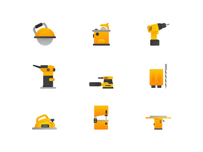 Carpentry Tool Icons band saw circular saw cordless drill handheld router icon iconography jointer planer poket hole jig random orbital sander table saw toolbox tools woodwork woodworking