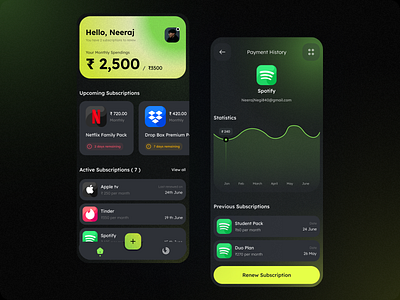 Subscription Management App Design app appdesign clean dark mode design minimal mobile neon subcription managment subscription subscriptionanalytics subscriptionapp subscriptionrenewal typography ui ui design userinterface