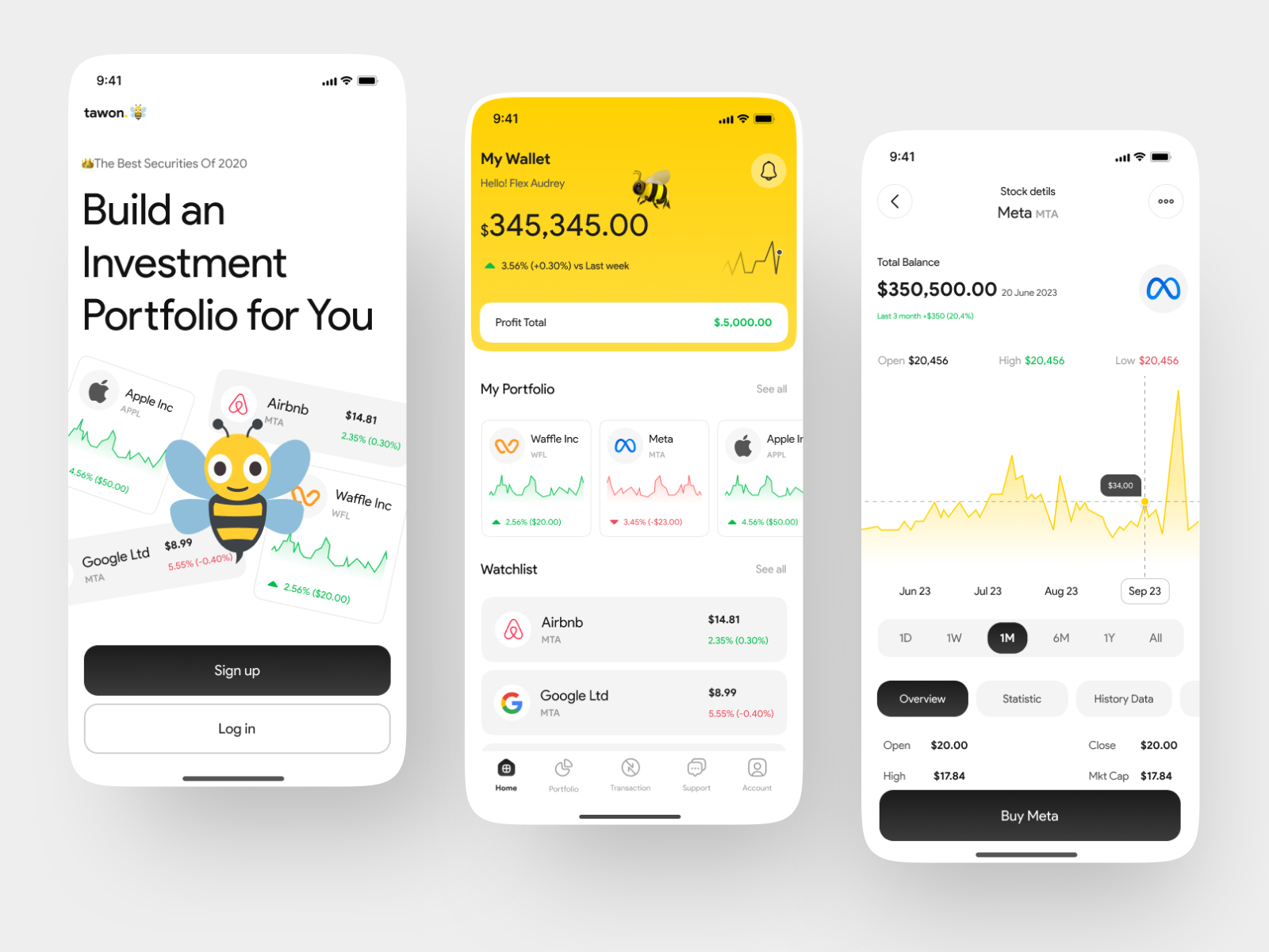 tawon 🐝| Investment Mobile App 💸 dashboard saham nft ui bank ui crypto ui design ui finance ui minimalist ui saham ui stock ux design