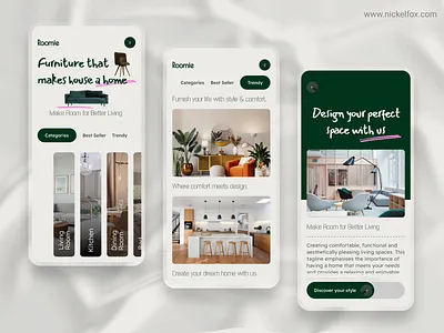 Roomie Mobile App animation clean design figma freebie furniture illustration interior microinteraction mobile mobile app product room shop store typography ui ui screens ux vector