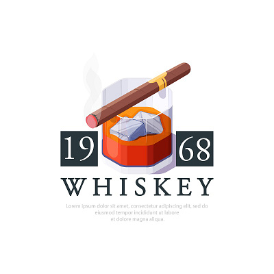 whiskey with ice 3d branding cartoon cigar concept design graphic design ice icon illustration isometric logo vector web whiskey