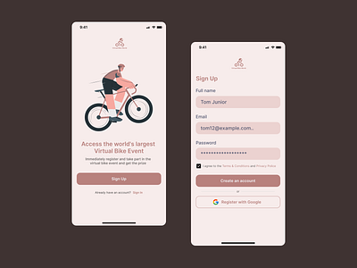 Daily UI #1 - Sign up branding dailyui dailyui 001 dailyuichallenge design illustration mobile app mobile ui sign up signup sport typography ui ui mobile virtual bike