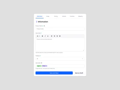 E - Commerce Widget analytics component crm crm kit crm ui kit dashboard widget e commerce information input fields minimal product design product info saas saas tool ui design ui kit upload product web