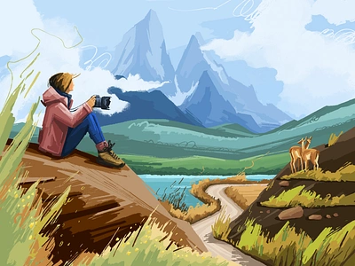 Mountain trip girl grass hill illustration lake lama mountain nature sky water