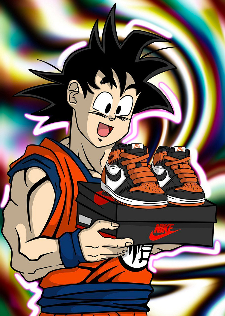 poster goku wearing air jordan sneakers in anime style