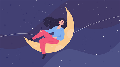 Girl on the moon 2d 2danimation after effects animation design girl graphic design illustration moon motion design motion graphics night render stars waves