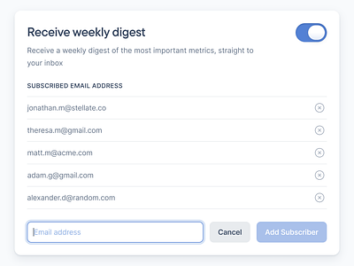 Weekly Email Digest - Sign Up Dialog blue dialog empty state figma form hover inline inline list minimal product design saas sign up switch toggle ui ui design ux design web