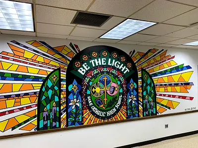 Stained Glass School Mural academic church colorful handlettering high school holy illustration lettering light rainbow religious school stained glass vintage