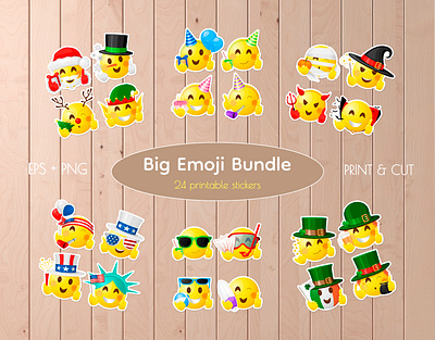 Cute Emoji Character Stickers bundle characters collection colorful emoji emotions graphic design holiday illustration set smiley stickers vector