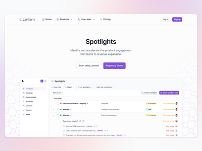 Spotlights (website landing page) apollo crm dashboard hero section hubspot landing page lusha outreach request demo saas sales funnel salesforce salesloft sidebar sign up task flow task view tasks todo zoominfo