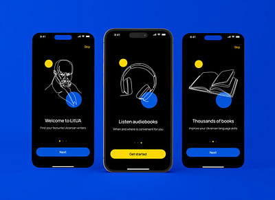 Onboarding screens of the mobile library of Ukrainian books animation audiobooks books library mobileapp onboarding protopie ukraine