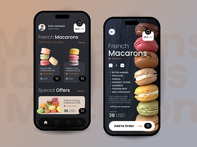 Bakery App "Flourish" & French Macarons app bakery cookie delivery dark design design app french ios luxury macarons mobile mobile interface mobile ui order sweets ui uiux ux