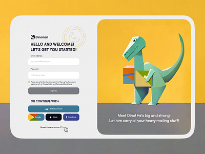 Mailing service login screen concept animation branding cartoon concept design dino dinosaur graphic design green illustration interface login screen motion graphics painting ui ux yellow