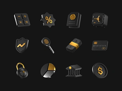 Fintech 3D Icons (freebie) 3d 3dart black cash coin crypto elegant finance free freebie gold icon investment key logo money render safe safety ui