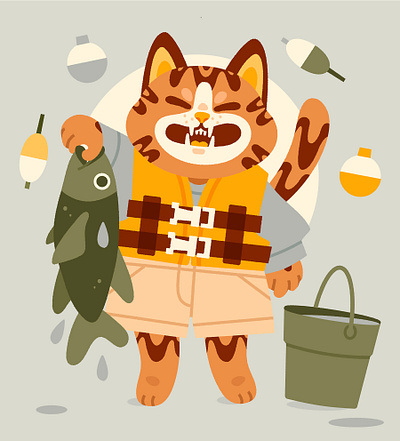 GONE FISHIN' cat digital art digital illustration fishing illustration kids illustration vector vector illustration