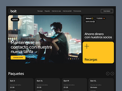 Bait — site for a cell phone company bait black site branding concept dark theme mexico phone redesign service ui yellow