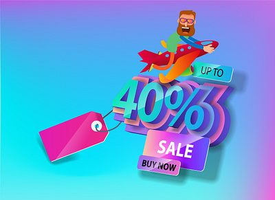 Cartoon man on a plane flies away from a 40 percent discount layout