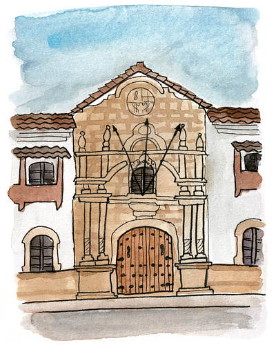 House of Freedom in Sucre, Bolivia - Watercolor architecture architecture artbook bolivia building colonial date design doodle graphic design house of freedom illustration old paper sketch south america texture travel travel art book trip watercolor